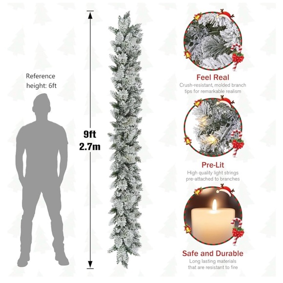 Pre-Lit Snow Flocked Glitter Garland 9ft Christmas Decor New - Picture 3 of 14